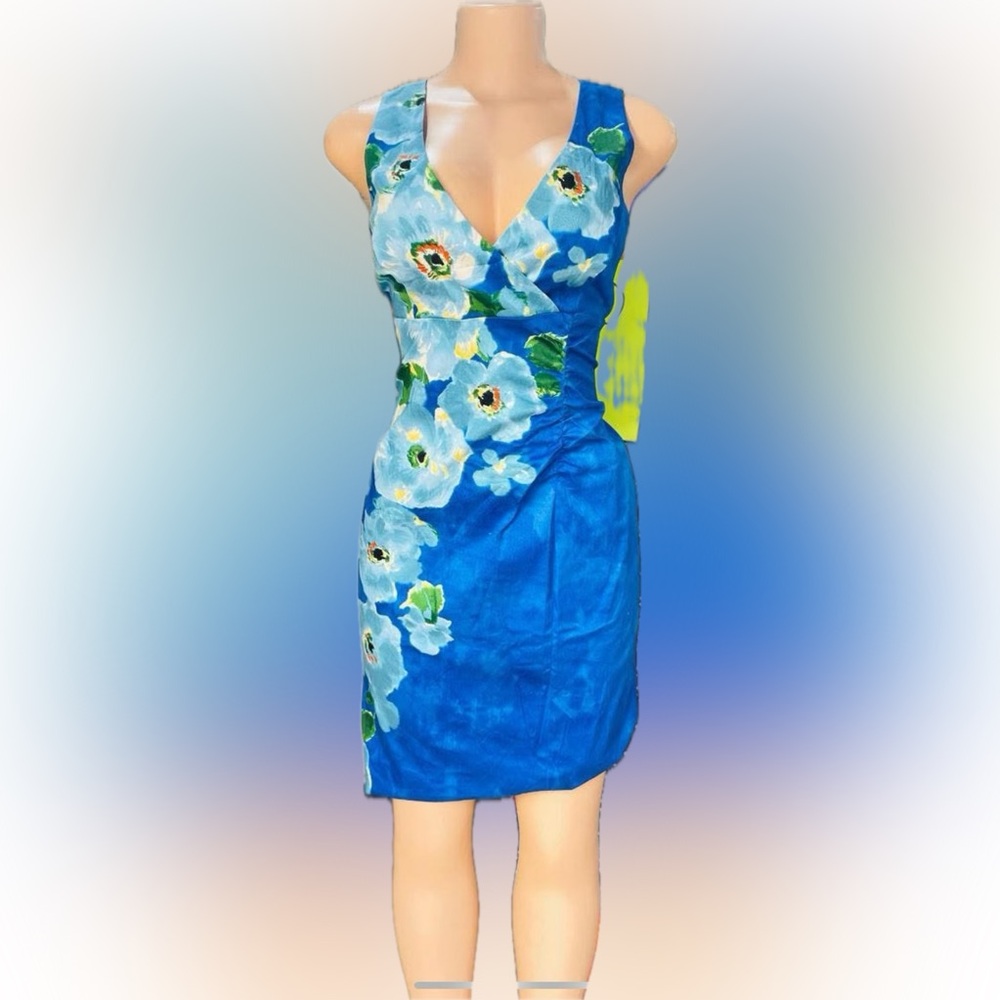 Floral Blue midi Dress, Ruched side super cute, blue yellow green, v-neck